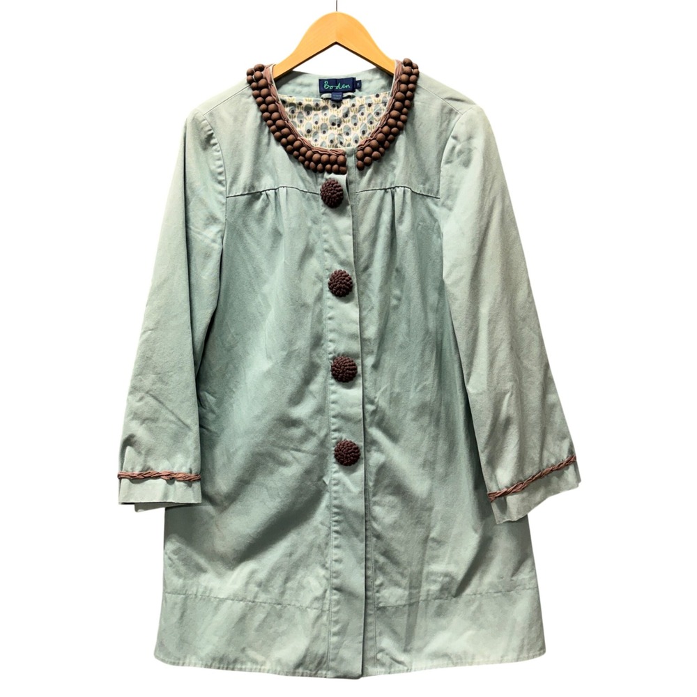 Boden Artisan Coat Womens 14 Embellished Collar Pale Blue Mod Boho Button Up